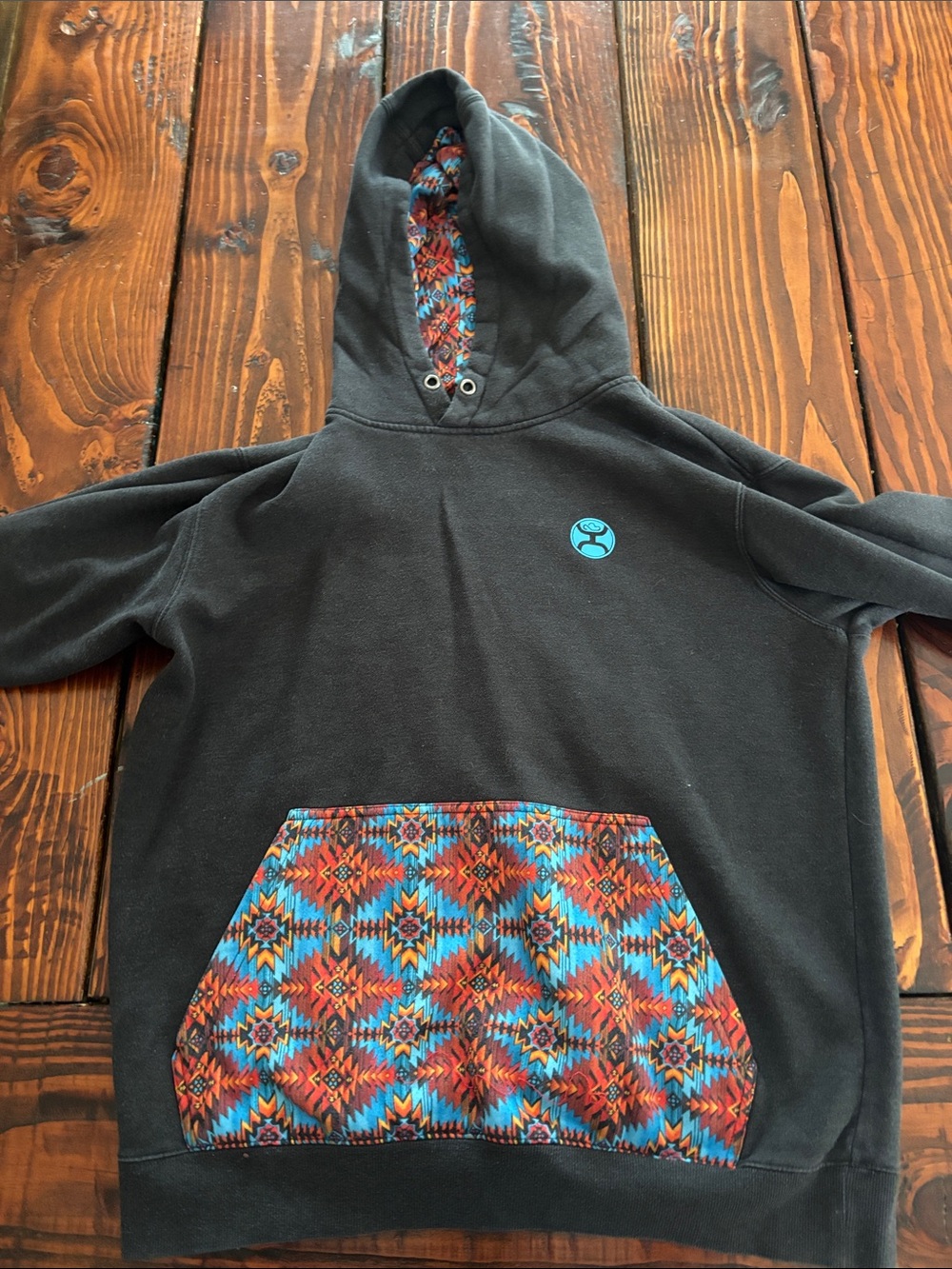 Hooey Black Hoodie with Multicolor Aztec Pocket